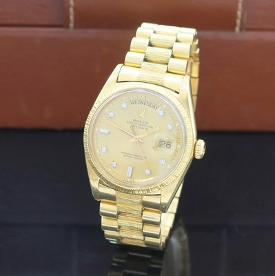 ROLEX Oyster Perpetual Day-Date Herrenarmbanduhr Referenz 1807/1803, Schweiz um 1970, Automatik, Chronometer der Superlative in GG 750/000 inkl. ...