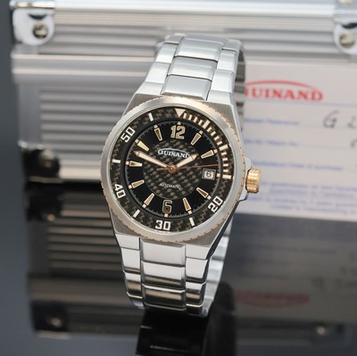 GUINAND Herrenarmbanduhr in Stahl Referenz G2401, Schweiz verk. lt. Garantie 09/2011, Automatik, Boden u. Krone verschr., integr. Stahlband m. dopp. ...