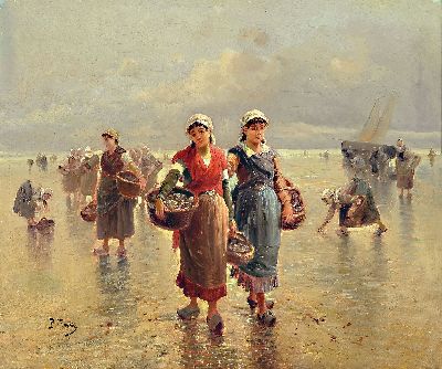 Pierre Testu, französischer Maler des späten 19./frühen 20.Jh., Rückkehr der Austernfischerinnen, um 1900, links unten signiert, Öl/Lwd, ...