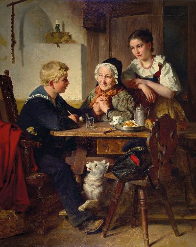 Berthold Woltze, 1829 Havelberg-1896 Weimar, Interieur, Heimaturlaub, der Sohn kehrt vom Dienst bei der Marine heim und besucht Mutter und Schwester, ...