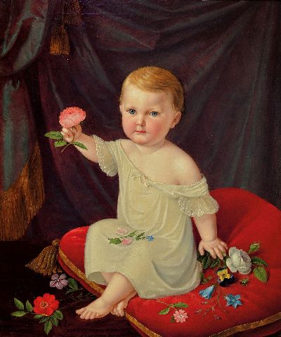 Zuschreibung: Julius Schoppe, 1795-1868 Berlin, Ganzporträt eines Kindes im Spitzenhemdchen auf einem roten Kissen sitzend, in der Hand eine Rose ...