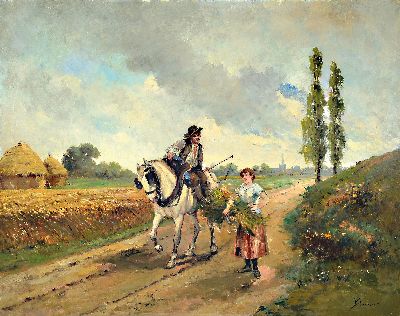 Gustavus Arthur Bouvier, um 1839-1888, Sommerlandschaft mit Bauernpaar im Gespräch, rechts unten signiert Bouvier, Öl/Lwd, mehrfach restauriert, ...