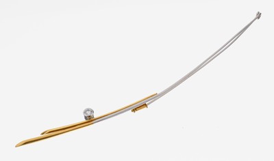 18 kt Gold Brillant-Brosche, GG/WG 750/000,außergewöhnliche Gestaltung, Brillant ca. 0.15ct Weiß/si, L. ca. 12.3 cm, ca. 5.2 g