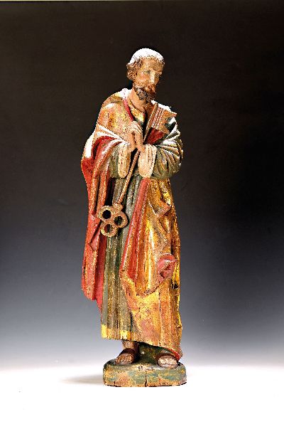 Bildschnitzerei/Heiligenfigur, wohl Südtirol/Süddeutschland, Anfang 20. Jh., Hl. Petrus mit großem Schlüssel, dazu Wandkonsole, Holz geschnitzt ...