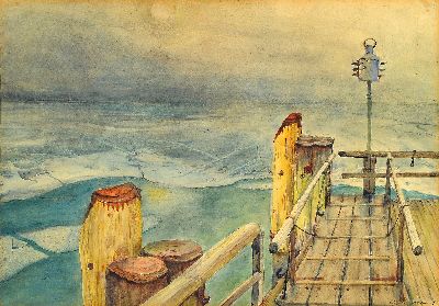 Eugen Croissant, 1898 Landau-1976 Breitbrunn, Uferlandschaft mit Steg, Aquarell auf Papier, rechts unten sign., ca. 34x48cm, PP, u.Gl., R. ca. 53x73cm