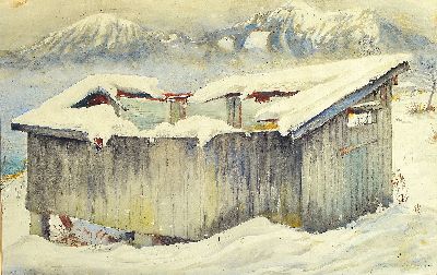 Eugen Croissant, 1898 Landau-1976 Breitbrunn, Winterlandschaft mit Hütte im Schnee, Aquarell auf Papier, rechts unten sign., ca. 34x48cm, PP, u.Gl., ...
