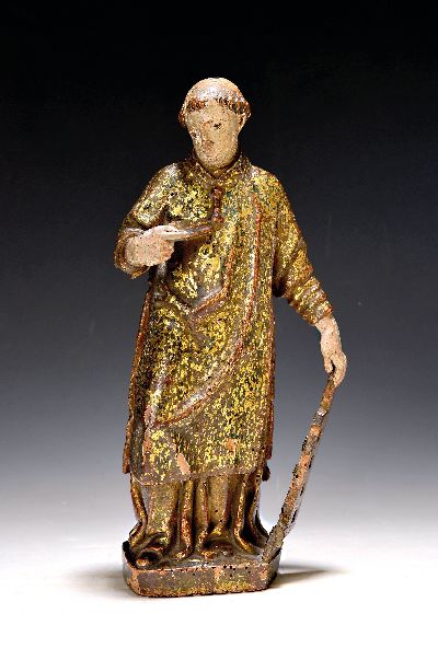 Heiliger Laurentius, wohl Südamerika, 18.Jh. , Lindenholz, geschnitzt, fein gefasst, altersbedingt besch., Darstellung in Dalmatik als Diakon mit ...