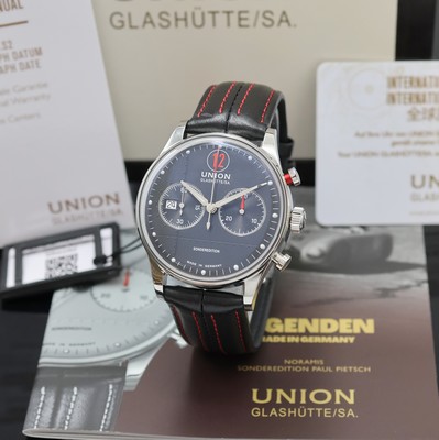 UNION GLASHÜTTE nahezu neuwertiger Armbandchronograph Sonderedition Paul Pietsch Referenz D012.427.16.082.00, Automatik, Edelstahlgeh. inkl. orig. ...
