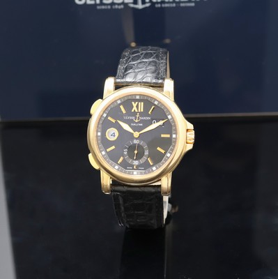 ULYSSE NARDIN Herrenarmbanduhr Dual Time Big Date in RG 750/000 Referenz 246-55, Automatik, Schweiz um 2010, beids. vergl. Geh. inkl. Lederband m. ...