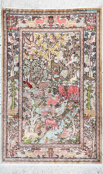 Hereke Seide fein sign., Türkei, Mitte 20.Jhd., reine Naturseide(Metallbrokat), ca. 105 x 67 cm, EHZ: 1-2