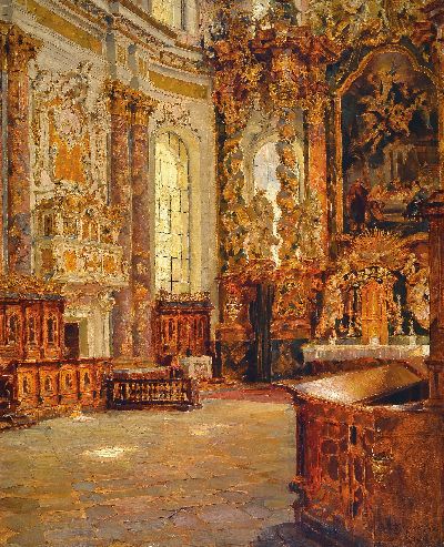 Rudolf Huthsteiner, 1855 Düsseldorf-1935 Stuttgart, Blick in die Klosterkirche Fürstenfeld, Öl/Lwd, rechts unten sign. und dat. 1920, 102x83cm, R. ...