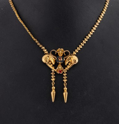 14 kt Gold Collier, um 1830-40, GG 585/000 gepr., geschwungenes Mittelteil, hohl gearbeitet, Onyx-Einlage und 2 kl. rote Glassteine, Kette aus ...