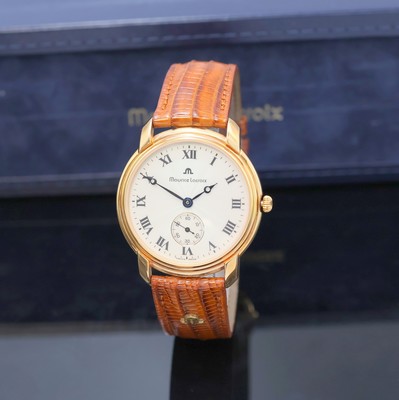 MAURICE LACROIX nahezu neuwertige Armbanduhr Referenz 26318, Schweiz um 1996, Handaufzug, beids. vergl. verg. Gehäuse inkl. orig. Lederband m. orig. ...