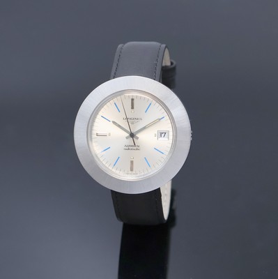 LONGINES Admiral Automatic seltene große Herrenarmbanduhr Referenz 8581 in Stahl, Schweiz um 1970, zylindr. Monocoque-Geh., breite aufges. Lünette ...