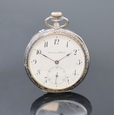 IWC Herrentaschenuhr in Tula-Silber, Schweiz um 1909, offenes Geh. mit Tula-Einlage teilw. fehlend, Emailzifferbl. mit arab. Zahlen riss., gebl. ...
