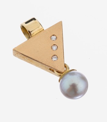 14 kt Gold Brillant-Perl-Anhänger, GG 585/000, mattiert, 3 kl. Brillanten, abgehängte silbergraue Zuchtperle, D. ca. 7.5 mm, ca. 5.2 g