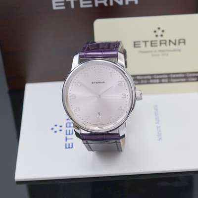 ETERNA nahezu neuwertige große Herrenarmbanduhr in Stahl mit Box und Papier, Schweiz um 2020, Automatik, 2-tlg. Geh., Boden 4-fach verschr., silb. ...