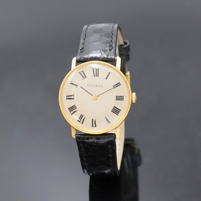 MOVADO Armbanduhr in GG 750/000, Handaufzug, Schweiz um 1968, Boden und Glasrand aufgedr.,flache Gesamtausführ., silb. Zifferbl. m. röm. Std., ...