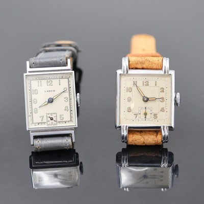 Konvolut: 2 Armbanduhren, beide Handaufzug um 1940, verchr. Gehäuse, Edelstahlböden aufgedr., 1 x LANCO, silb. Zifferbl. m. arab. Std. fl., gebl. ...