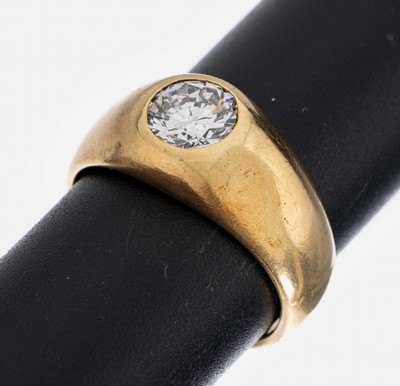 14 kt Gold Brillant-Ring, GG 585/000, Brillant ca. 1.0 ct Weiß/p1, RW 57, ca. 11.0 g
