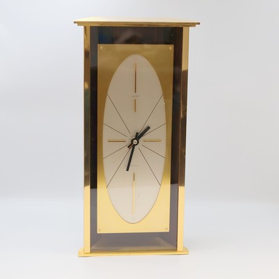 LUXOR Precision vergoldete Wanduhr/Tischuhr, Schweiz um 1970, Elektromechanisch, Holzdesign, silb. Zifferbl. m. 4 gold. Std.- Ind., schwarze Zeiger, ...