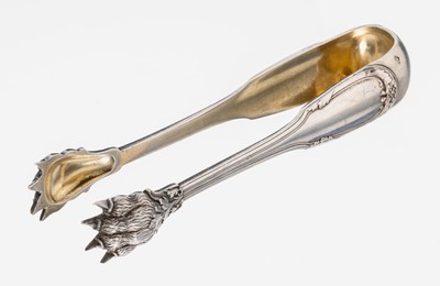 Zuckerzange, Frankreich um 1890-1900, 950erSilber, teilverg., Zangen in Klauenform, fein punziert, stil. Akanthusblattdekor, L. ca. 11.5 cm, ...