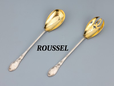 2-teiliges Salatvorlegebesteck, Frankreich um 1900, Jugendstil, 950er Silber, Gebrauchs- teile vergoldet, Meistermarke ROUSSEL Fils et Cie, Paris, ...