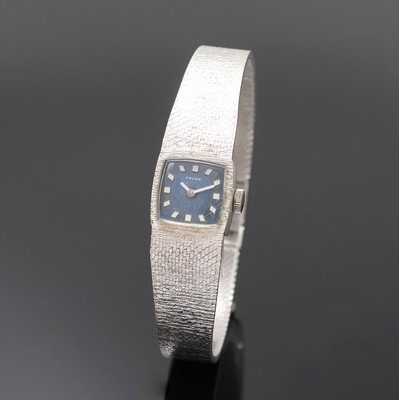 FAVOR Damenarmbanduhr in WG 585/000, Schweiz/Deutschland um 1970, Handaufzug, 2-tlg. Geh., Boden aufgedr., Milanaiseband, blaues Zifferbl., weiße ...