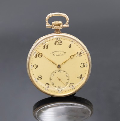 CORTEBERT Chronometer Frackuhr in GG 585/000, Schweiz um 1932, Gehäuserand grav., Metallcuvette m. Monogramm, goldfarb. Zifferbl. m. Breguet-Zahlen, ...