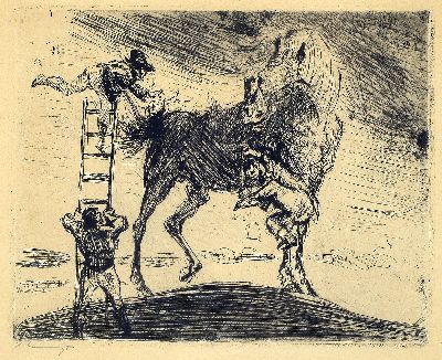 Max Slevogt, 1868 Landshut-1932 Neukastel, Radierung, Zirkusszene, links unten handsigniert Platte 16x20,5 cm, unter Glas 35x38 cm