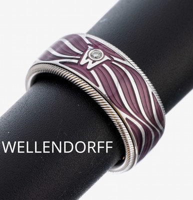 18 kt Gold WELLENDORFF Email-Brillant-Ring, GG/WG 750/000, Modell "Lebenslust", drehbare Mittelschiene, auberginefarb. transluzides Email ...