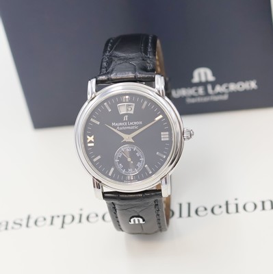 MAURICE LACROIX Masterpiece Herrenarmbanduhr in Stahl, Schweiz lt. orig. Papier verk. 2000, Automatik, beids. vergl. Geh., Boden aufgedr., schwarz. ...