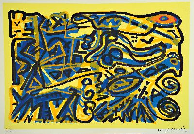 A.R. Penck, 1939-2017, Komposition in Gelb, Farbsiebdruck, handsign. und num. 4/5, ca. 70x100cm