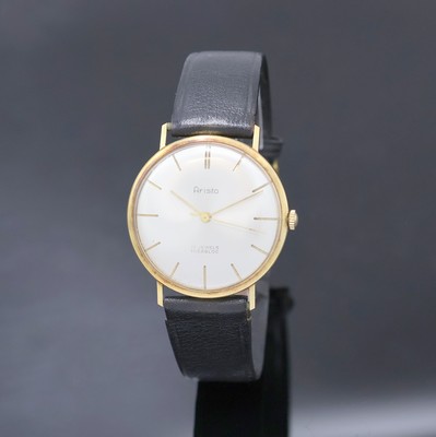 ARISTO Armbanduhr in GG 585/000, Deutschland um 1965, Handaufzug, Boden aufgedr., silb. Zifferbl. m. gold. Std.-Ind., gold. Zeiger, Kal. PUW360, 17 ...
