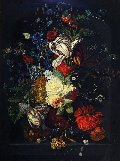 Kopie nach Jan van Huysum (1682-1749), aus der 2. Hälfte des 20. Jh., Üppiges Blumenstillleben mit Vogelnest und Schnecke, Öl/Holz, ca. 80x60cm, ...