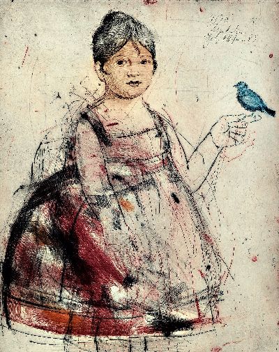 Gerhard Hofmann, geb. 1960 Worms, lebt und arbeitet in Neustadt an der Weinstraße, Mädchen mit Vogel, Farbaquatintaradierung, sign. und dat. 85, ...