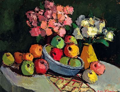 Iulia Simu, 1900-1974 Rumänien,, Studium an der Akademie Bukarest, Stillleben mit Äpfeln und Blumen, Öl/Malkarton, rechts unten sign., ca. ...