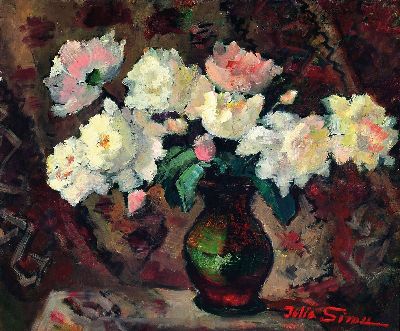 Iulia Simu, 1900-1974 Rumänien, Studium an der Akademie Bukarest, Stillleben mit rosa und weißen Pfingstrosen, Öl/Malkarton, rechts unten sign., ...