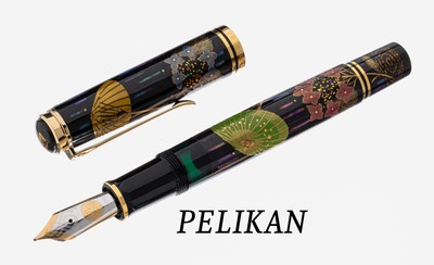 PELIKAN Kolbenfüller, "Japanese Umbrella", limitierte Edition, Korpus schwarzes Edelharz mit bunten Blumen und japanischen Schirmen, Clip ...