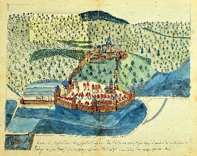 Unbekannter Künstler des 17. Jh., Burg Nanstein bei Landstuhl, aquarellierte Tuschfederzeichnung, darunter handschriftlich: Zustand und Ansicht des ...
