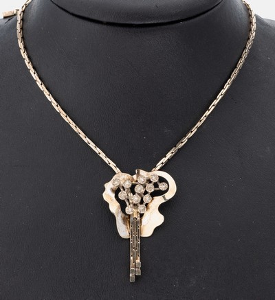 14 kt Gold Diamant-Collier, 1970er Jahre, WG 585/000, abstrakt florales Mittelteil mit 12 kl. 8/8-Diamanten, L. ca. 45 cm, Kastenschloss mit ...