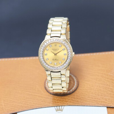 ROLEX Cellini Armbanduhr in GG 750/000 mit Diamanten Referenz 6661/8, Schweiz verk. lt. beil. Zertifikat 02/1994, quarz, LC 100, Boden aufgedr., ...