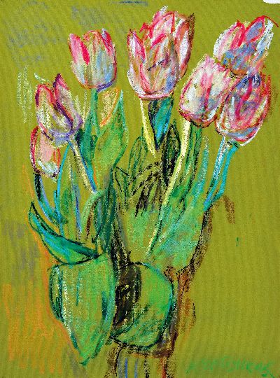 Rudolf Kortokraks, 1928 Ludwigshafen am Rhein-2014 Hallein/Österreich, Tulpenstrauss, Pastell und Ölkreide auf grüngelbem Papier, rechts unten ...