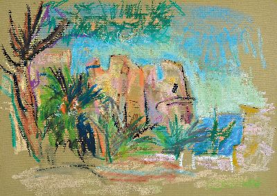 Rudolf Kortokraks, 1928 Ludwigshafen am Rhein-2014 Hallein/Österreich, Sommerliche Landschaft mit Sandsteinstaffage, Pastell und Ölkreide auf ...