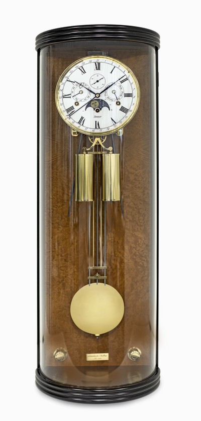 KIENINGER 7-Tage Pendeluhr mit Vollkalender und Westminsterschlag Nummer 265, Deutschland um 1990, Holzgehäuse mit facettierter Halbrundverglasung, ...