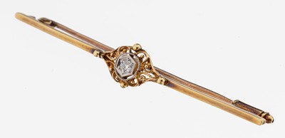 14 kt Gold Diamant-Brosche, 1930er Jahre, GG/WG 585/000, länglich, Mittelteil durchbrochen gearbeitet, 1 in WG gefasster Altschliffdiamant ca. 0.05 ...