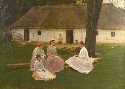 Antoni Piotrowski, 1853 Kunow/Polen-1924 Warschau, Balkan-Trachtengruppe, 4 Frauen verschiedenen Alters in volksfrömmiger Übung, hintergründig ein ...