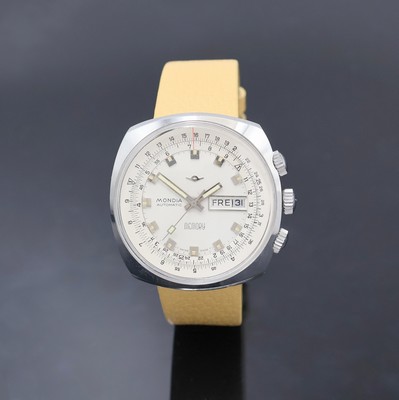 MONDIA Memory sehr seltene Armbanduhr mit Rechenschieber und rückseitiger Weltzeit, Schweiz um 1970, Automatik, verschr. Stahlgeh., Kronen f. ...
