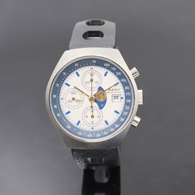 AERO NEUCHATEL Armbandchronograph mit Mondphase, Automatik, Schweiz um 1980, massives Edelstahlgeh. inkl. Tropic sport Armband, Boden verschr., silb. ...