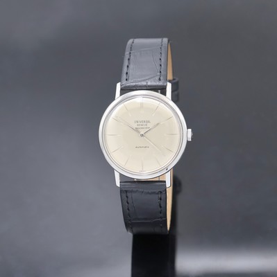 UNIVERSAL GENEVE Polerouter Armbanduhr, Schweiz um 1965, Automatik, flaches Edelstahlgeh. ohne Nummer, Boden verschr., orig. Krone, silb. Zifferbl. ...